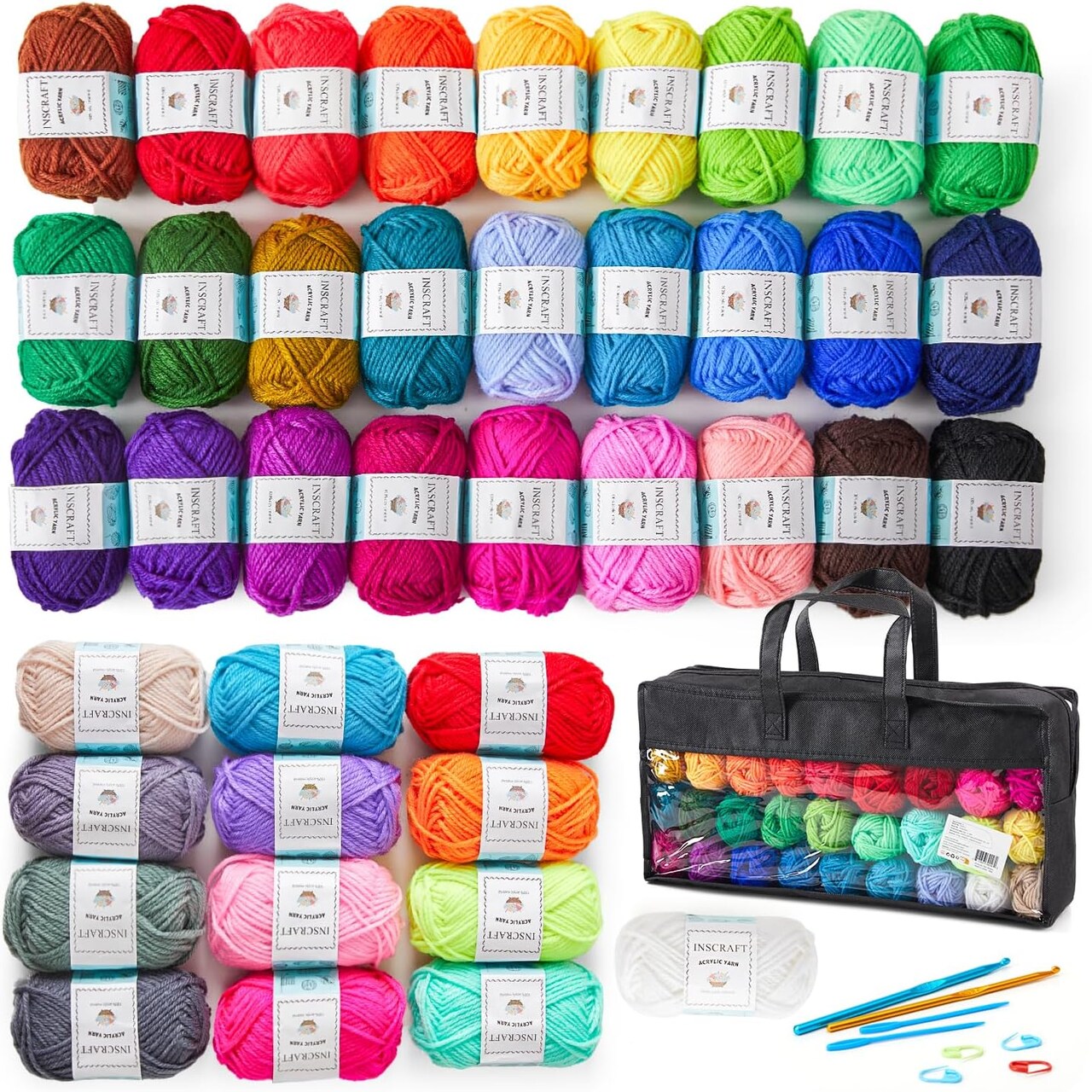 48-Piece Crochet Yarn Kit – 1400 Yards, 40 Multicolor Acrylic Yarn Skeins with 2 Crochet Hooks, 2 Weaving Needles, 4 Stitch Markers & Storage Bag, Perfect Gift for Beginners and Adults